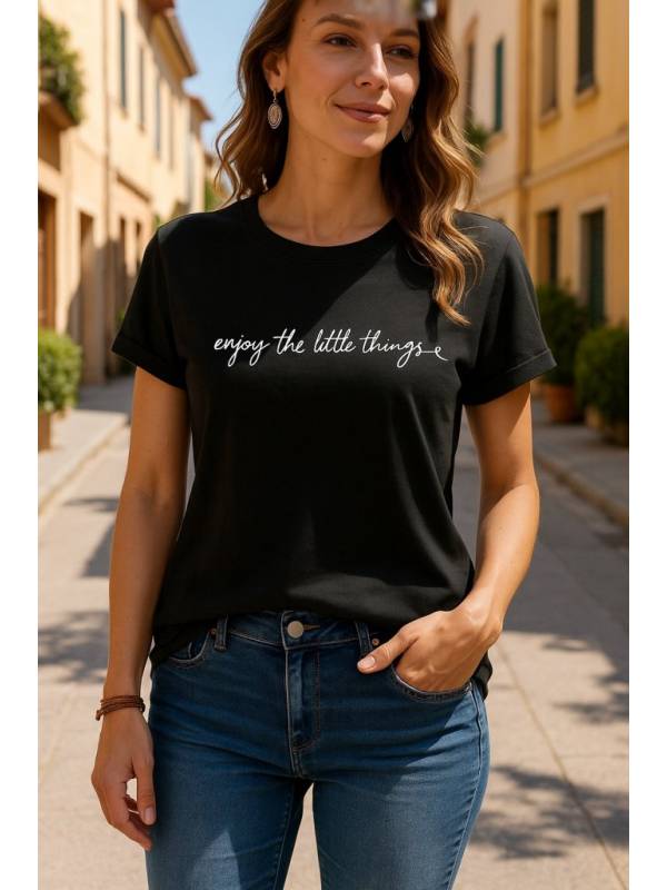 Kadın Kısa Kollu önü Yazı Baskılı Basic Süprem Bluz, 25267